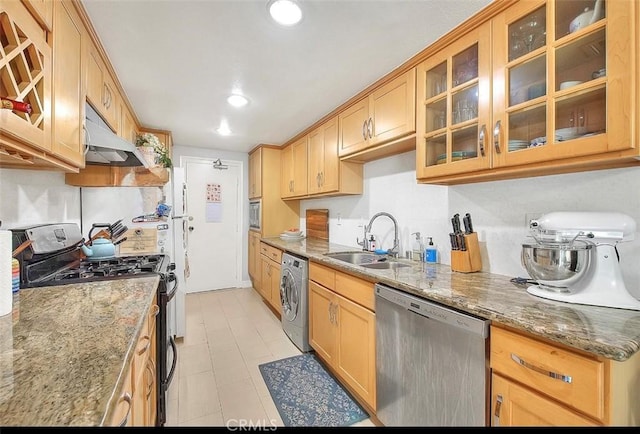 330 W California Blvd Unit 111, Pasadena, CA 91105 - kitchen featuring stainless steel appliances, under cabinet range hood, a sink, glass insert cabinets, and stone countertops