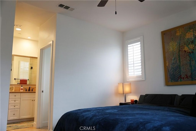 1104 Hibiscus Way, Oceanside, CA 92054 - bedroom featuring a sink, ensuite bathroom, light wood-style floors, recessed lighting, and ceiling fan