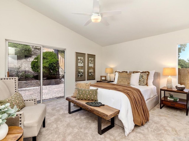 1219 Sunglow Dr, Oceanside, CA 92056 - bedroom with access to exterior, light colored carpet, vaulted ceiling, multiple windows, and ceiling fan