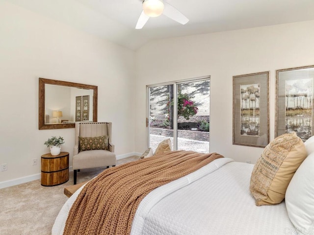 1219 Sunglow Dr, Oceanside, CA 92056 - carpeted bedroom featuring vaulted ceiling, access to exterior, baseboards, and ceiling fan