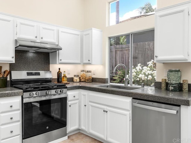 1219 Sunglow Dr, Oceanside, CA 92056 - kitchen with stainless steel appliances, under cabinet range hood, a sink, and dark countertops