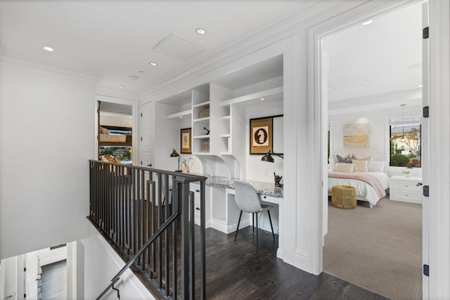 2574 Muirfields Dr, Carlsbad, CA 92009 - hall with crown molding, recessed lighting, dark wood-style floors, and an office area
