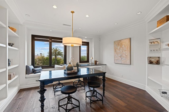 2574 Muirfields Dr, Carlsbad, CA 92009 - dining room with built in shelves, dark wood-type flooring, ornamental molding, recessed lighting, and baseboards