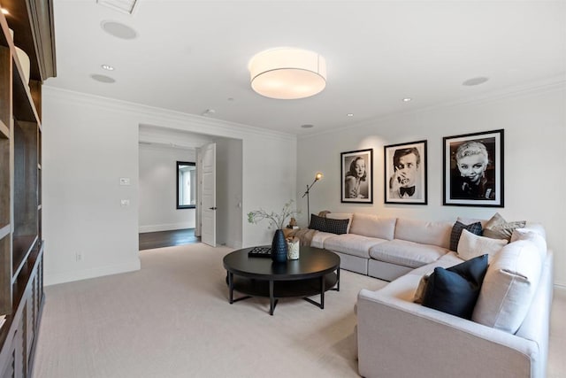 2574 Muirfields Dr, Carlsbad, CA 92009 - living room with ornamental molding, light colored carpet, and baseboards