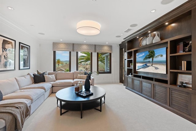 2574 Muirfields Dr, Carlsbad, CA 92009 - living area featuring ornamental molding, light carpet, baseboards, and recessed lighting