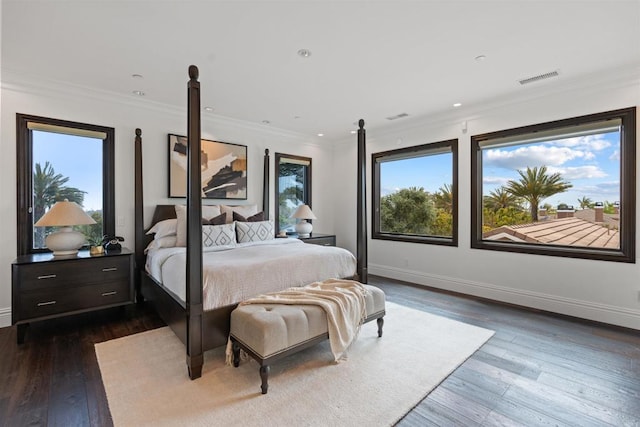 2574 Muirfields Dr, Carlsbad, CA 92009 - bedroom featuring multiple windows, wood-type flooring, ornamental molding, recessed lighting, and baseboards