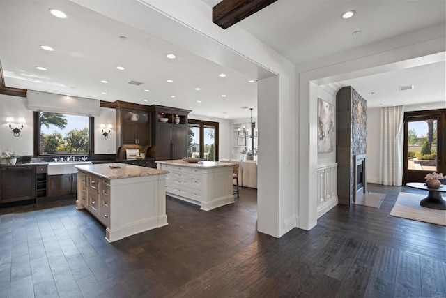 2574 Muirfields Dr, Carlsbad, CA 92009 - kitchen featuring a center island, plenty of natural light, dark wood-style floors, glass insert cabinets, and recessed lighting