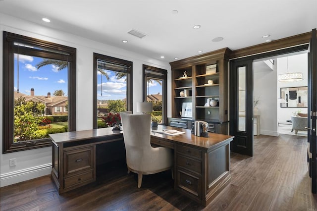 2574 Muirfields Dr, Carlsbad, CA 92009 - office space featuring baseboards, dark wood-style flooring, and recessed lighting