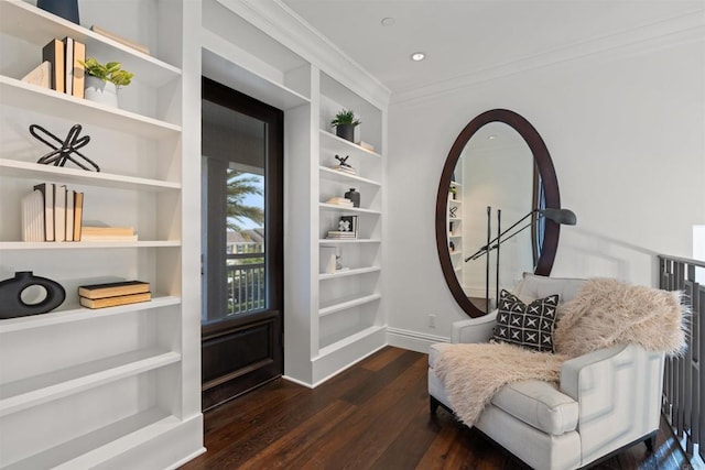 2574 Muirfields Dr, Carlsbad, CA 92009 - living area featuring built in features, dark wood finished floors, crown molding, and recessed lighting