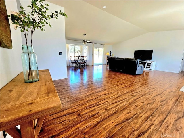 39560 S Lilley Way, Coarsegold, CA 93614 - living area with wood finished floors, lofted ceiling, and a ceiling fan