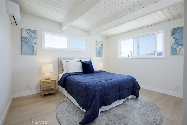 13502 Jackson St, Westminster, CA 92683 - bedroom with an AC wall unit, multiple windows, light wood-type flooring, and wood ceiling with exposed beams