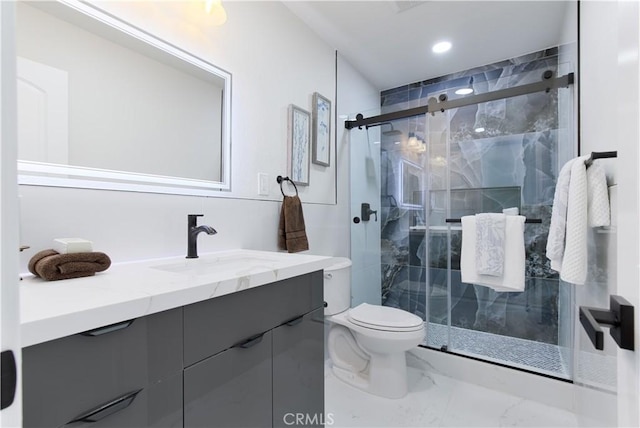 13502 Jackson St, Westminster, CA 92683 - bathroom featuring vanity, toilet, marble finish floors, a marble finish shower, and recessed lighting