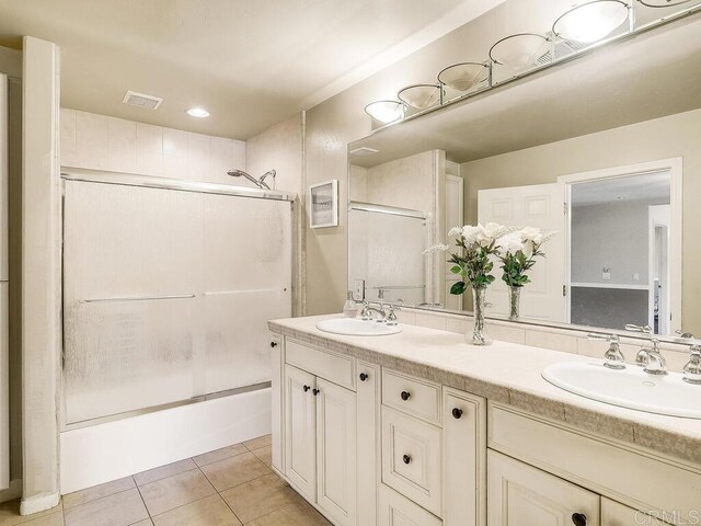 10237 High Mountain Dr, Escondido, CA 92026 - bathroom featuring enclosed tub / shower combo, double vanity, and tile patterned floors