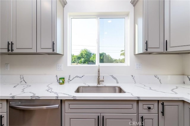 21402 Short Ridge Ave, Perris, CA 92570 - kitchen with stainless steel dishwasher, gray cabinetry, a sink, and light stone countertops