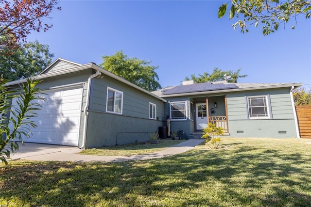 16921 Lanark St, Van Nuys, CA 91406 - view of front facade featuring a front lawn, crawl space, solar panels, and a garage
