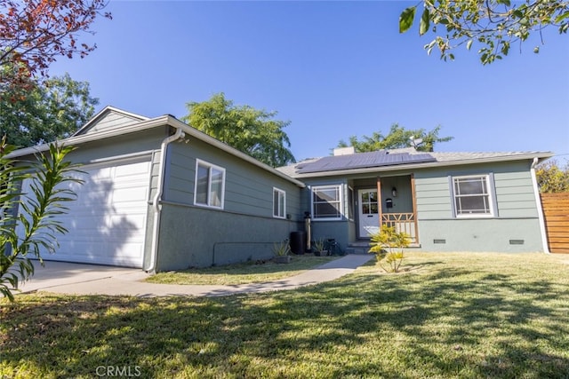 16921 Lanark St, Van Nuys, CA 91406 - view of front of property featuring a front lawn, crawl space, solar panels, and a garage