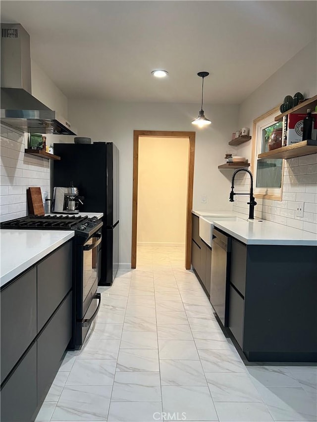16921 Lanark St, Van Nuys, CA 91406 - kitchen with open shelves, black range with gas stovetop, stainless steel dishwasher, wall chimney exhaust hood, and a sink