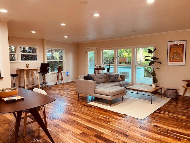 16921 Lanark St, Van Nuys, CA 91406 - living area featuring ornamental molding, wood finished floors, healthy amount of natural light, recessed lighting, and baseboards