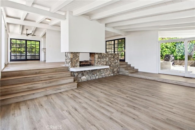 360 Via Almar, Palos Verdes Estates, CA 90274 - unfurnished living room featuring wood finished floors, a fireplace, and beamed ceiling