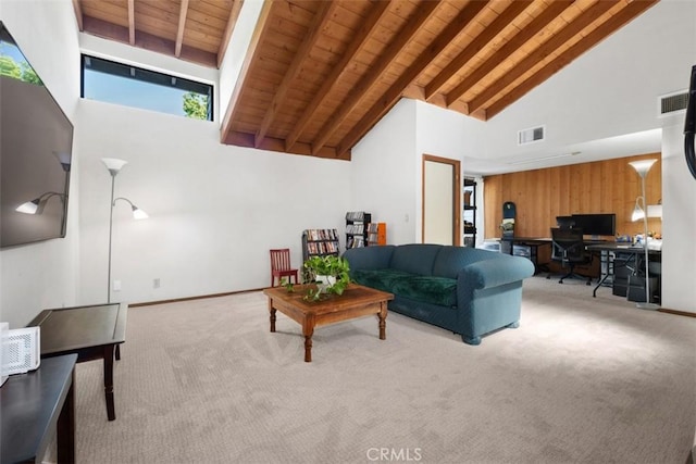 31531 Via Conejo Unit 153, Coto De Caza, CA 92679 - living area featuring an office area, high vaulted ceiling, wooden ceiling with exposed beams, carpet flooring, and baseboards