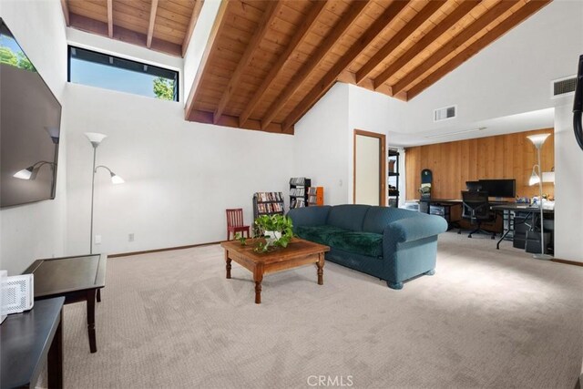 31531 Via Conejo Unit 153, Coto De Caza, CA 92679 - carpeted living area with an office area, high vaulted ceiling, wooden ceiling with exposed beams, and baseboards