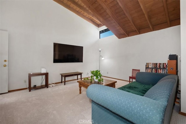 31531 Via Conejo Unit 153, Coto De Caza, CA 92679 - living area featuring wooden ceiling with exposed beams, carpet flooring, high vaulted ceiling, and baseboards