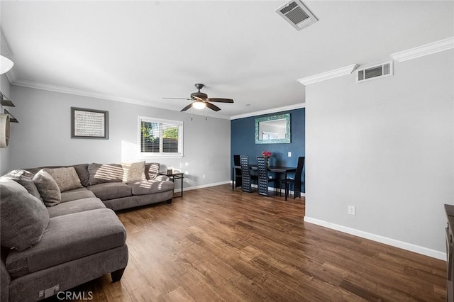 8506 Conway Dr, Riverside, CA 92504 - living area with crown molding, a ceiling fan, baseboards, and wood finished floors