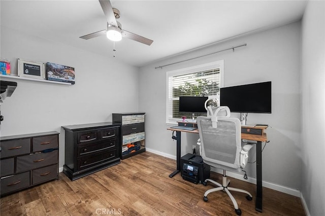 8506 Conway Dr, Riverside, CA 92504 - office area featuring ceiling fan, wood finished floors, and baseboards