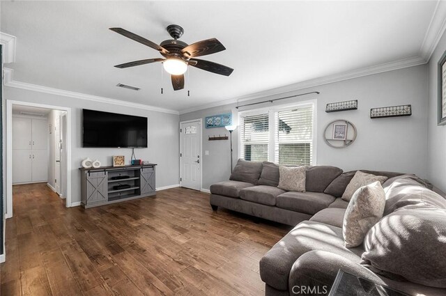 8506 Conway Dr, Riverside, CA 92504 - living area with a ceiling fan, ornamental molding, wood finished floors, and baseboards