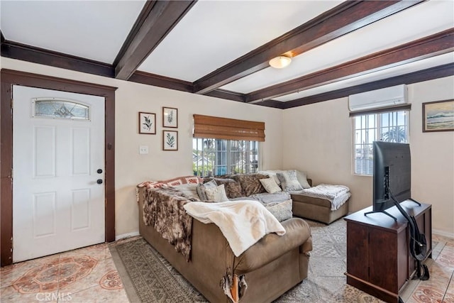 471 N Ditman Ave, Los Angeles, CA 90063 - tiled living room with a wall unit AC, beamed ceiling, and baseboards