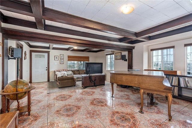 471 N Ditman Ave, Los Angeles, CA 90063 - living room with beam ceiling, light tile patterned floors, baseboards, and coffered ceiling