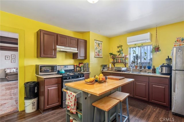 471 N Ditman Ave, Los Angeles, CA 90063 - kitchen featuring appliances with stainless steel finishes, a sink, under cabinet range hood, wooden counters, and a wall mounted air conditioner