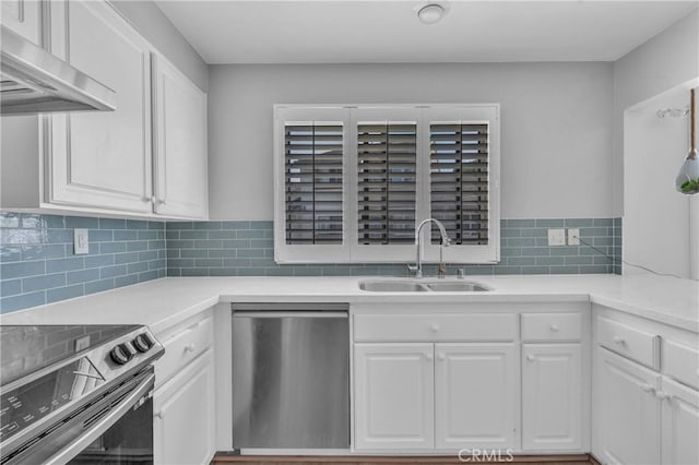 6325 Ridgepath Ct, Rancho Palos Verdes, CA 90275 - kitchen featuring stainless steel appliances, a sink, ventilation hood, white cabinetry, and light countertops
