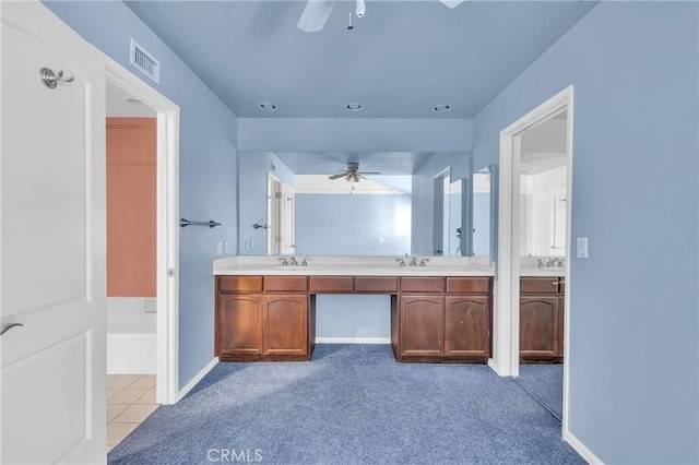 6325 Ridgepath Ct, Rancho Palos Verdes, CA 90275 - full bathroom featuring a ceiling fan, carpet flooring, double vanity, and baseboards