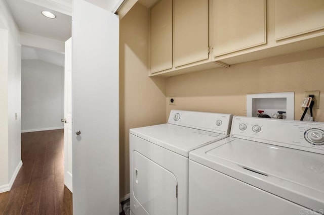 13398 Tiverton Rd, San Diego, CA 92130 - washroom featuring cabinet space, washer and dryer, baseboards, dark wood finished floors, and recessed lighting