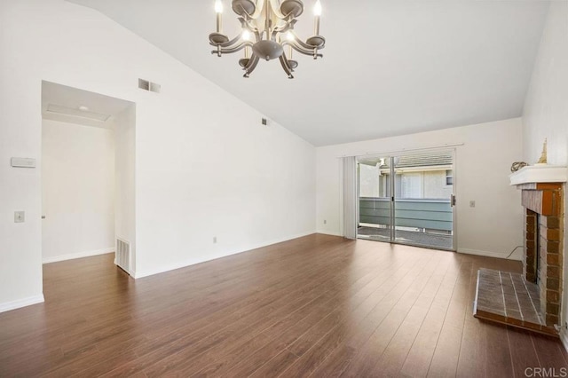13398 Tiverton Rd, San Diego, CA 92130 - unfurnished living room with wood finished floors, a chandelier, a fireplace, baseboards, and high vaulted ceiling