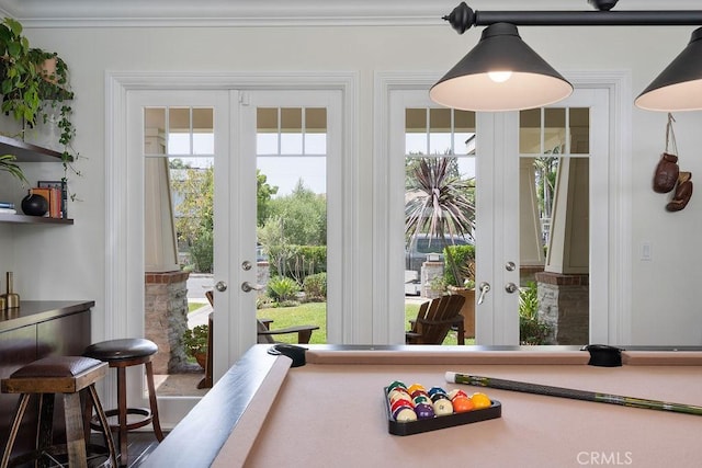 178 Flower St, Costa Mesa, CA 92627 - rec room featuring french doors, crown molding, and billiards