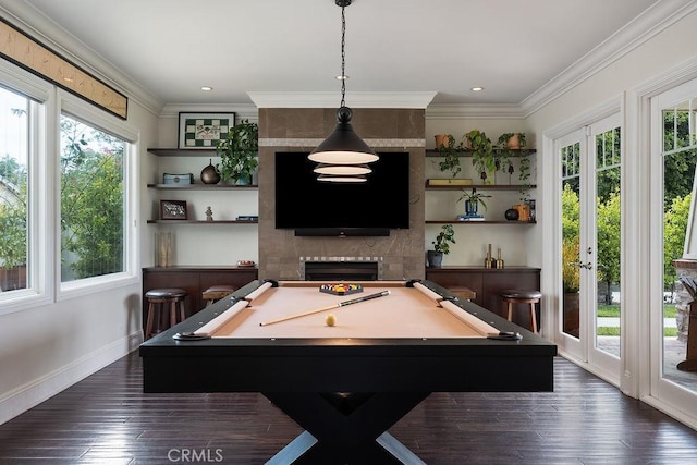 178 Flower St, Costa Mesa, CA 92627 - recreation room featuring billiards, a large fireplace, dark wood finished floors, ornamental molding, and recessed lighting