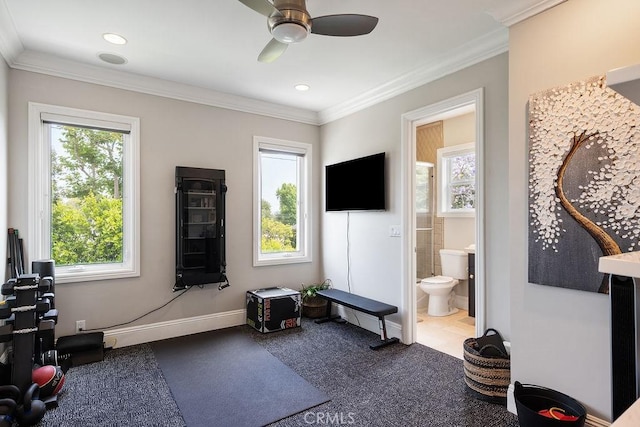 178 Flower St, Costa Mesa, CA 92627 - workout area with a ceiling fan, ornamental molding, carpet flooring, and recessed lighting