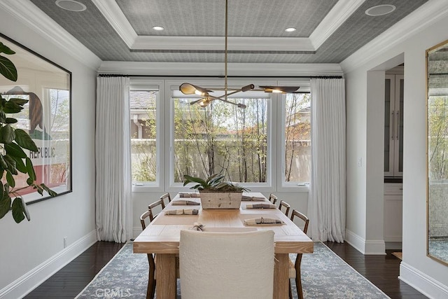 178 Flower St, Costa Mesa, CA 92627 - dining room with plenty of natural light, crown molding, dark wood-style flooring, and a raised ceiling