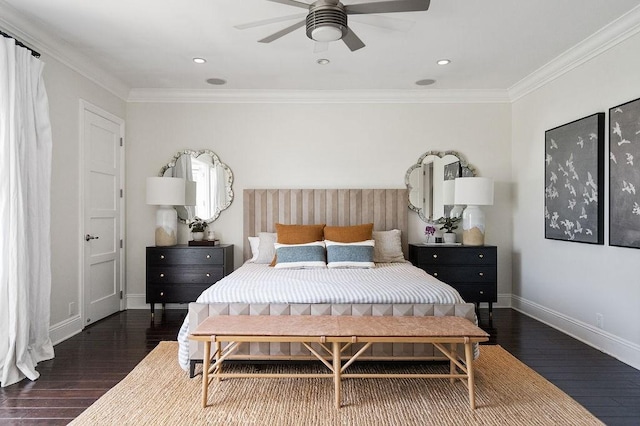 178 Flower St, Costa Mesa, CA 92627 - bedroom with wood-type flooring, ornamental molding, recessed lighting, and a ceiling fan