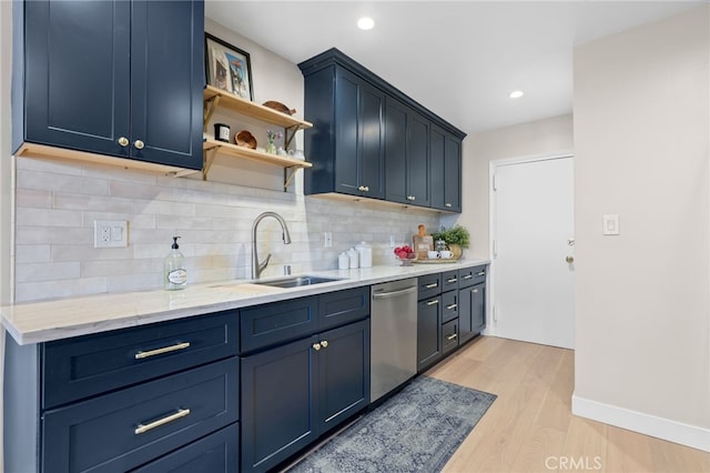 10707 Camarillo St Unit 314, North Hollywood, CA 91602 - kitchen with dishwasher, a sink, light wood-style floors, tasteful backsplash, and open shelves