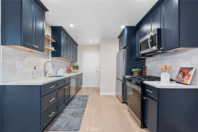 10707 Camarillo St Unit 314, North Hollywood, CA 91602 - kitchen with appliances with stainless steel finishes, a sink, light wood-type flooring, open shelves, and backsplash