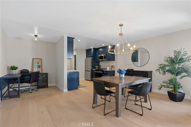10707 Camarillo St Unit 314, North Hollywood, CA 91602 - dining space featuring a chandelier, light wood finished floors, baseboards, an office area, and recessed lighting