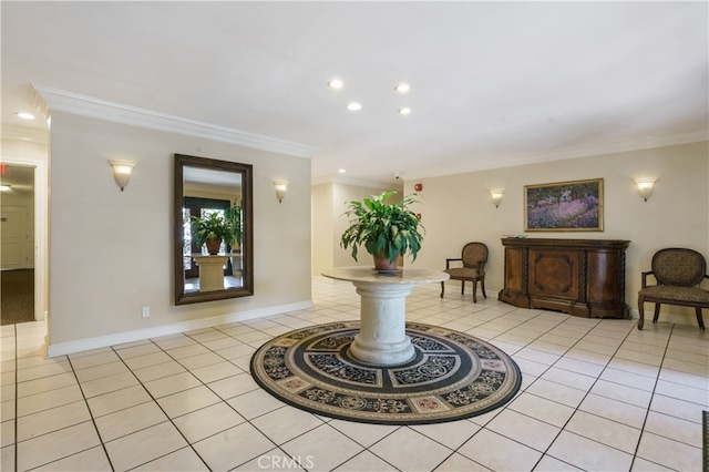 10707 Camarillo St Unit 314, North Hollywood, CA 91602 - corridor featuring ornamental molding, light tile patterned floors, baseboards, and recessed lighting