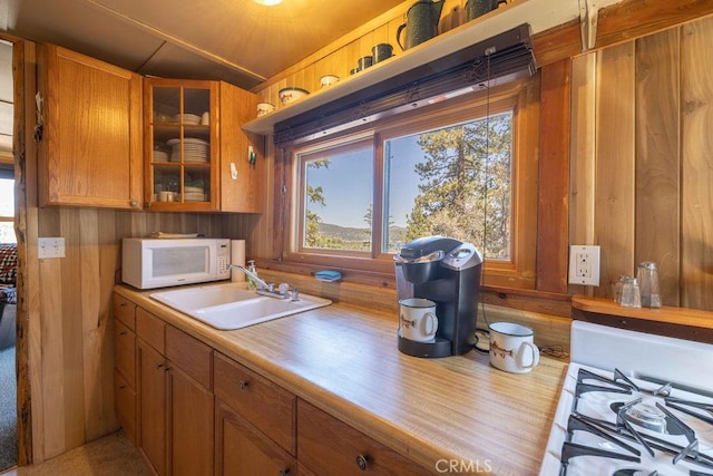 75 Metcalf Creek Trl, Big Bear Lake, CA 92315 - kitchen featuring white microwave, a sink, brown cabinetry, wooden walls, and glass insert cabinets