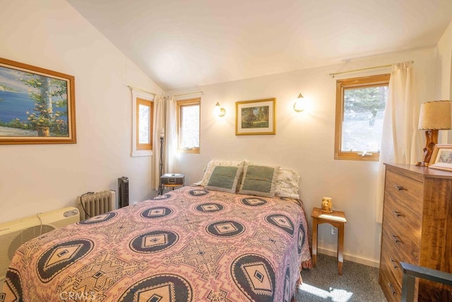 75 Metcalf Creek Trl, Big Bear Lake, CA 92315 - bedroom featuring radiator heating unit, lofted ceiling, multiple windows, and carpet