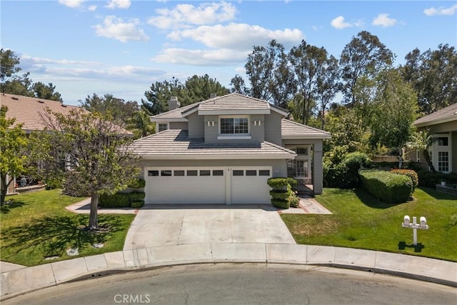 27360 Chesterfield Dr, Valencia, CA 91354 - traditional home featuring a tile roof, concrete driveway, a front yard, a garage, and a chimney