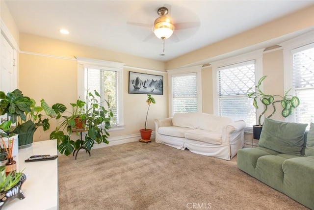 2712 Kenwood Ave, Los Angeles, CA 90007 - living area with carpet floors, a ceiling fan, baseboards, and recessed lighting