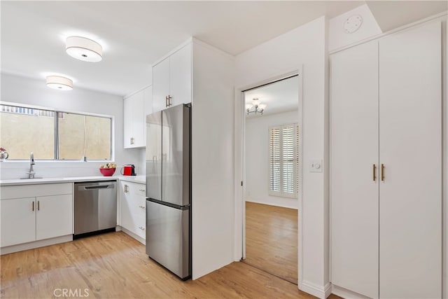 4312 Babcock Ave Unit 6, Studio City, CA 91604 - kitchen featuring stainless steel appliances, a sink, light countertops, light wood finished floors, and white cabinets